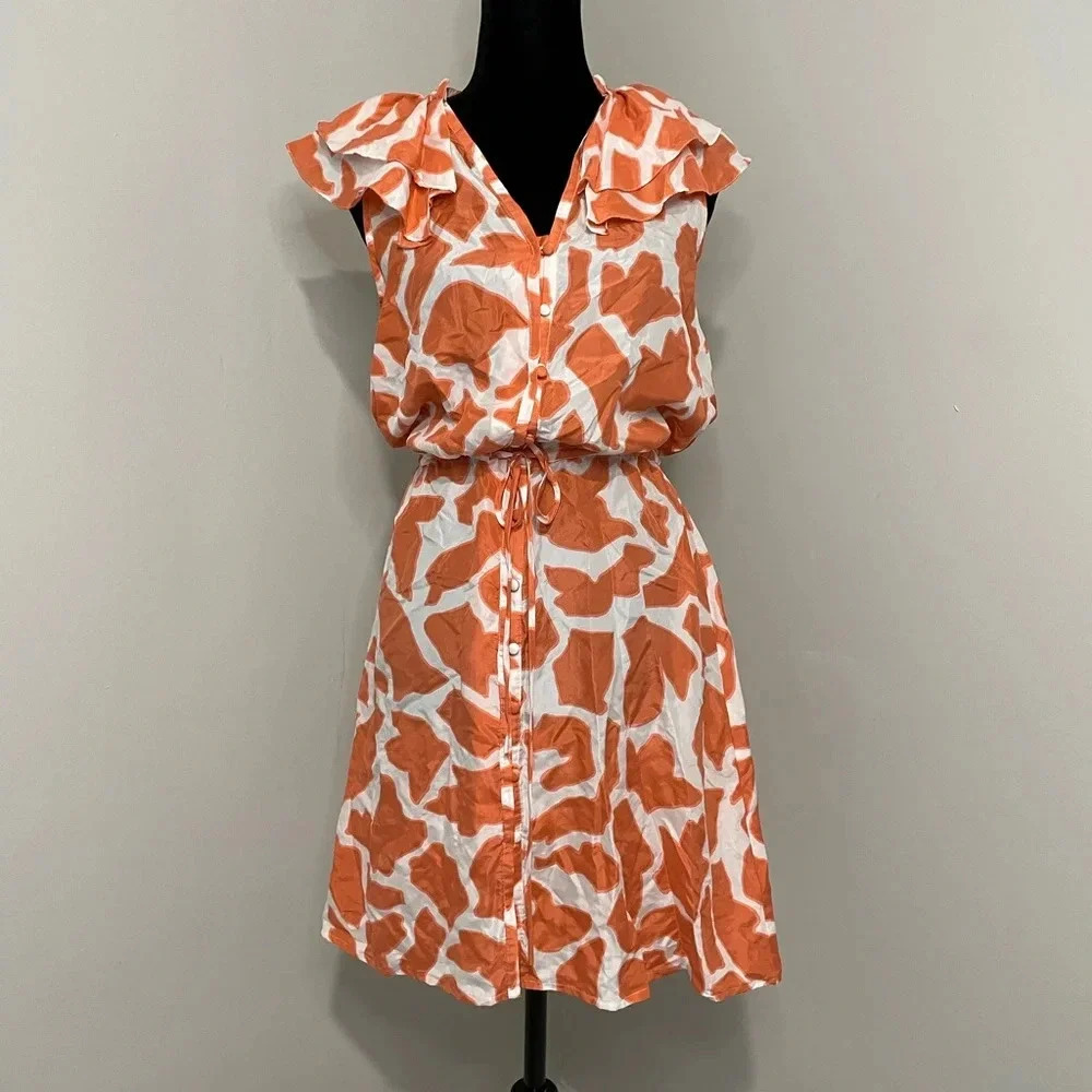 Ann Taylor Loft 100% Silk Coral and‎ White Geometric Ruffle Sleeve Mini Dress